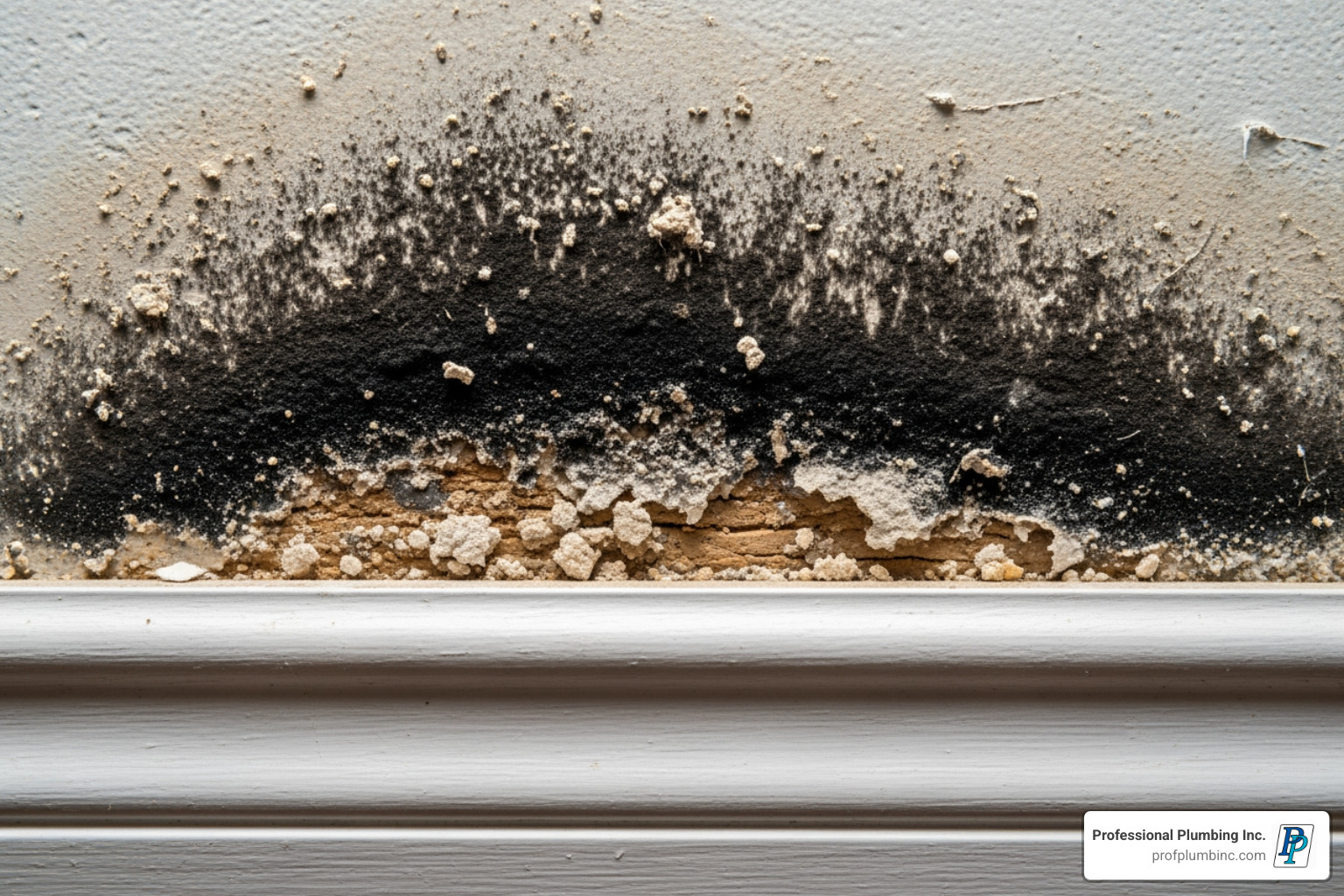 black mold growing on a drywall section behind a baseboard - Slab Leak Detection and Repair Orange County
