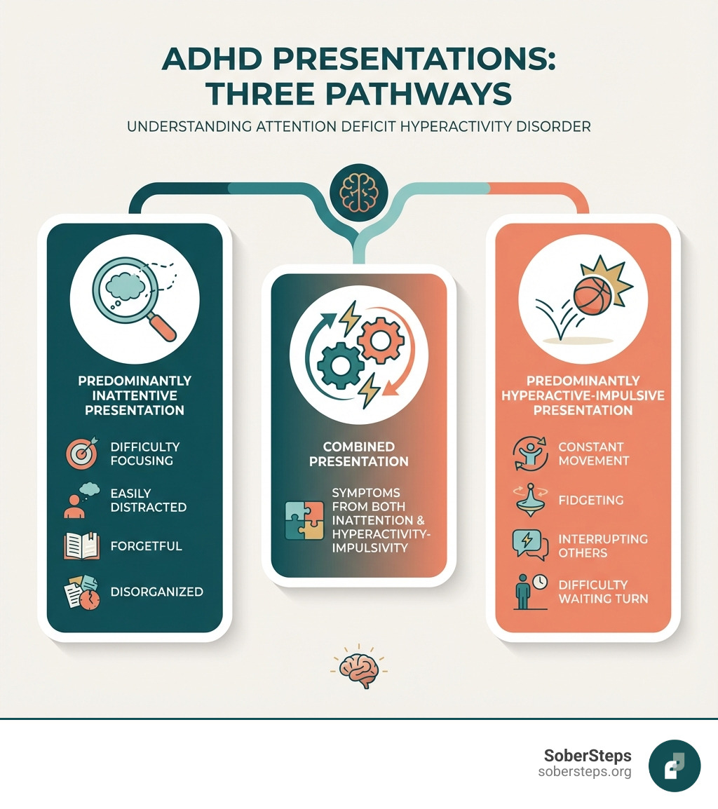 Infographic showing the three presentations of ADHD: Predominantly Inattentive Presentation (difficulty focusing, easily distracted, forgetful, disorganized), Predominantly Hyperactive-Impulsive Presentation (constant movement, fidgeting, interrupting others, difficulty waiting turn), and Combined Presentation (symptoms from both inattention and hyperactivity-impulsivity categories) - Attention Deficit Hyperactivity Disorder infographic pillar-3-steps