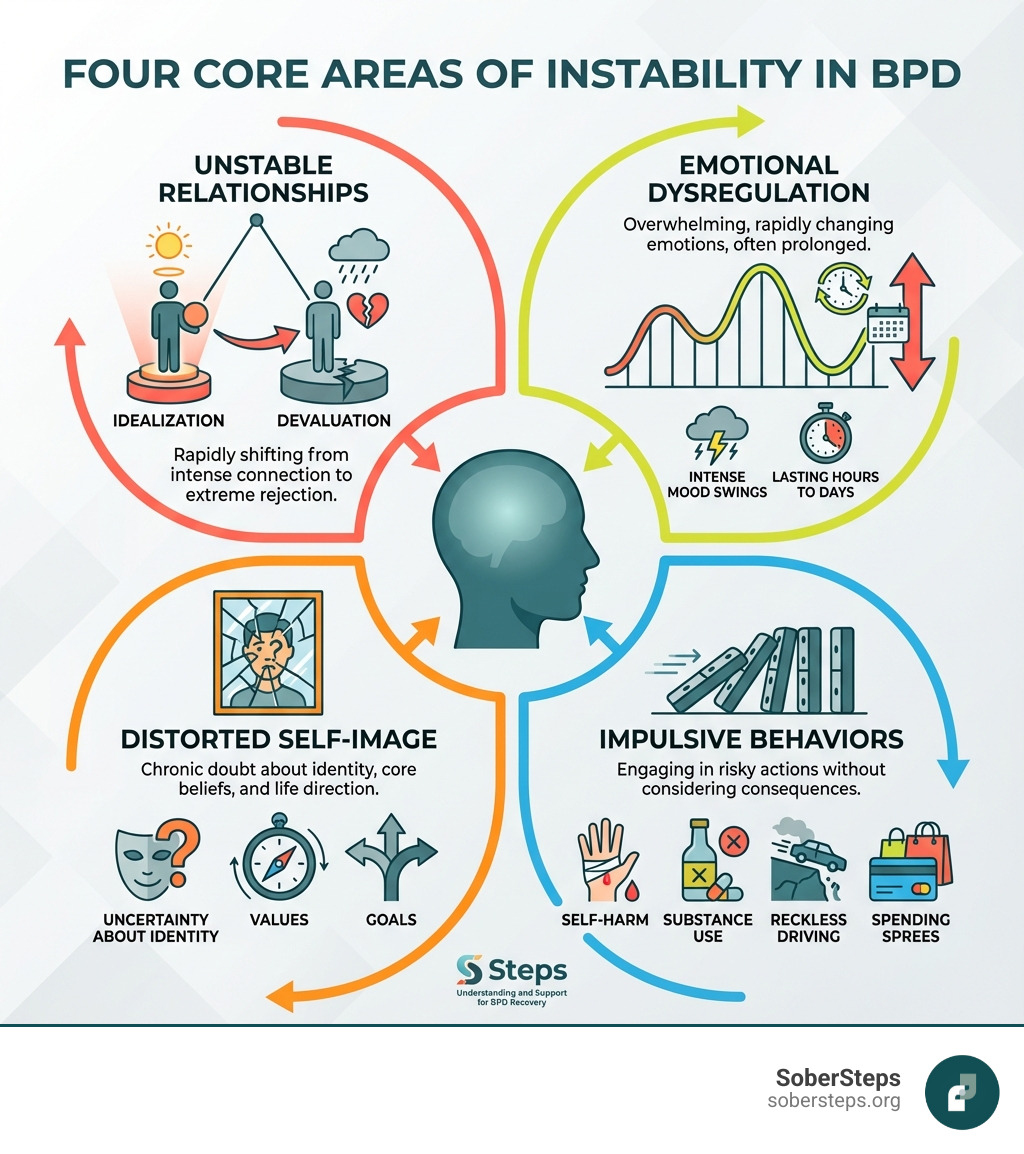 Infographic showing the four core areas of instability in BPD: unstable relationships (rapidly shifting from idealization to devaluation), distorted self-image (uncertainty about identity, values, and goals), emotional dysregulation (intense mood swings lasting hours to days), and impulsive behaviors (self-harm, substance use, reckless driving, spending sprees) - Borderline Personality Disorder (BPD) infographic 