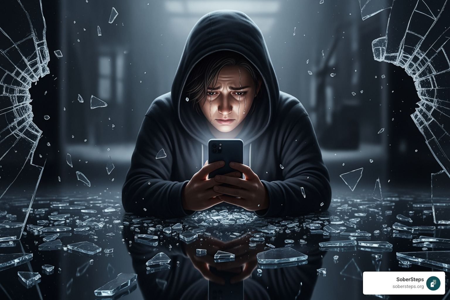 A person looking distressed while on their phone, surrounded by shattered glass, symbolizing the turmoil and broken connections in relationships - Borderline Personality Disorder (BPD)
