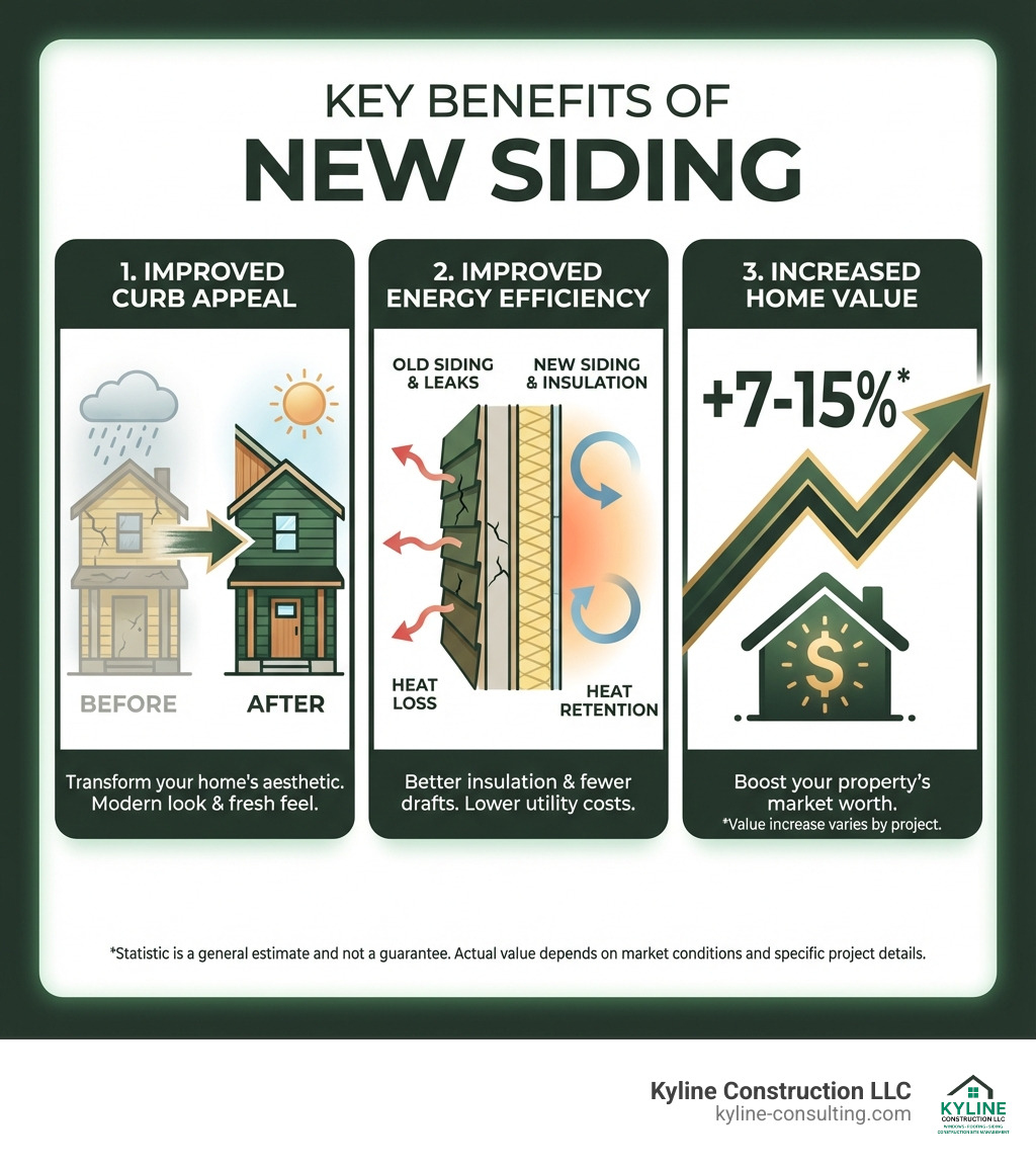 infographic showing three key benefits of new siding: improved curb appeal with before and after home images, improved energy efficiency with insulation diagram, and increased home value with percentage increase statistics - siding companies columbus ohio infographic 