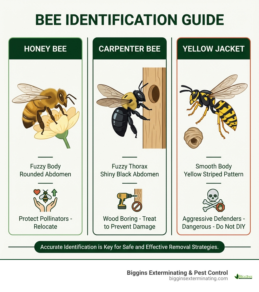 infographic showing side-by-side comparison of honey bee with fuzzy body and rounded abdomen, carpenter bee with shiny black abdomen, and yellow jacket with smooth body and yellow striped pattern - bee removal Billerica MA infographic 