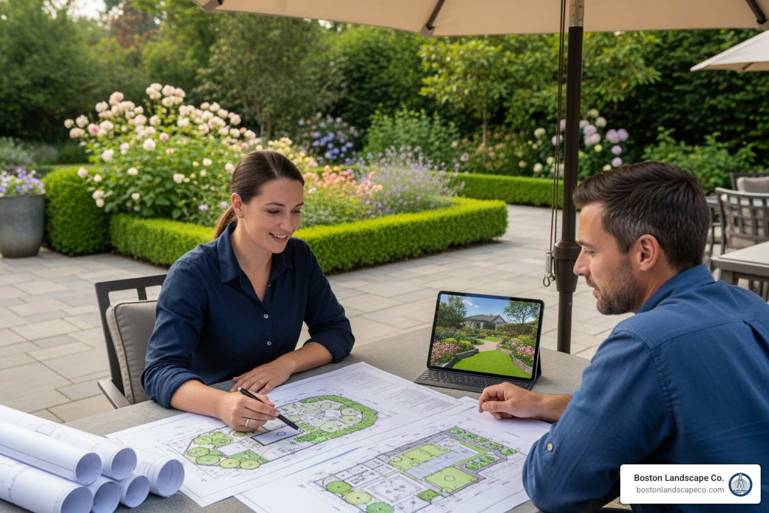 landscape designer reviewing plans with a homeowner - landscaping waltham ma