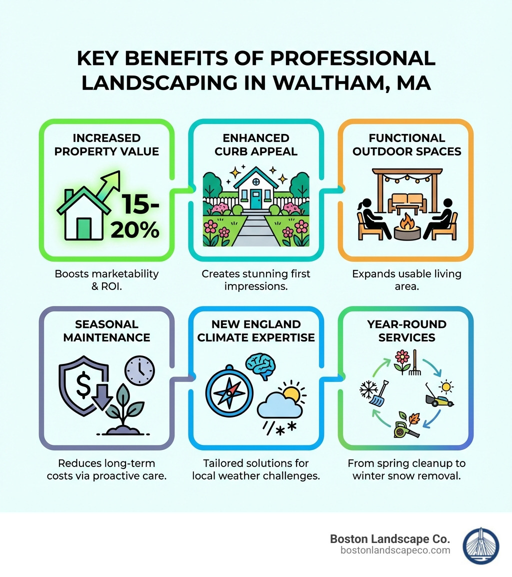 Infographic showing the key benefits of professional landscaping in Waltham MA including increased property value by 15-20 percent, enhanced curb appeal, functional outdoor living spaces, seasonal maintenance reducing long-term costs, professional expertise in New England climate, and year-year-round services from spring cleanup through winter snow removal - landscaping waltham ma infographic 