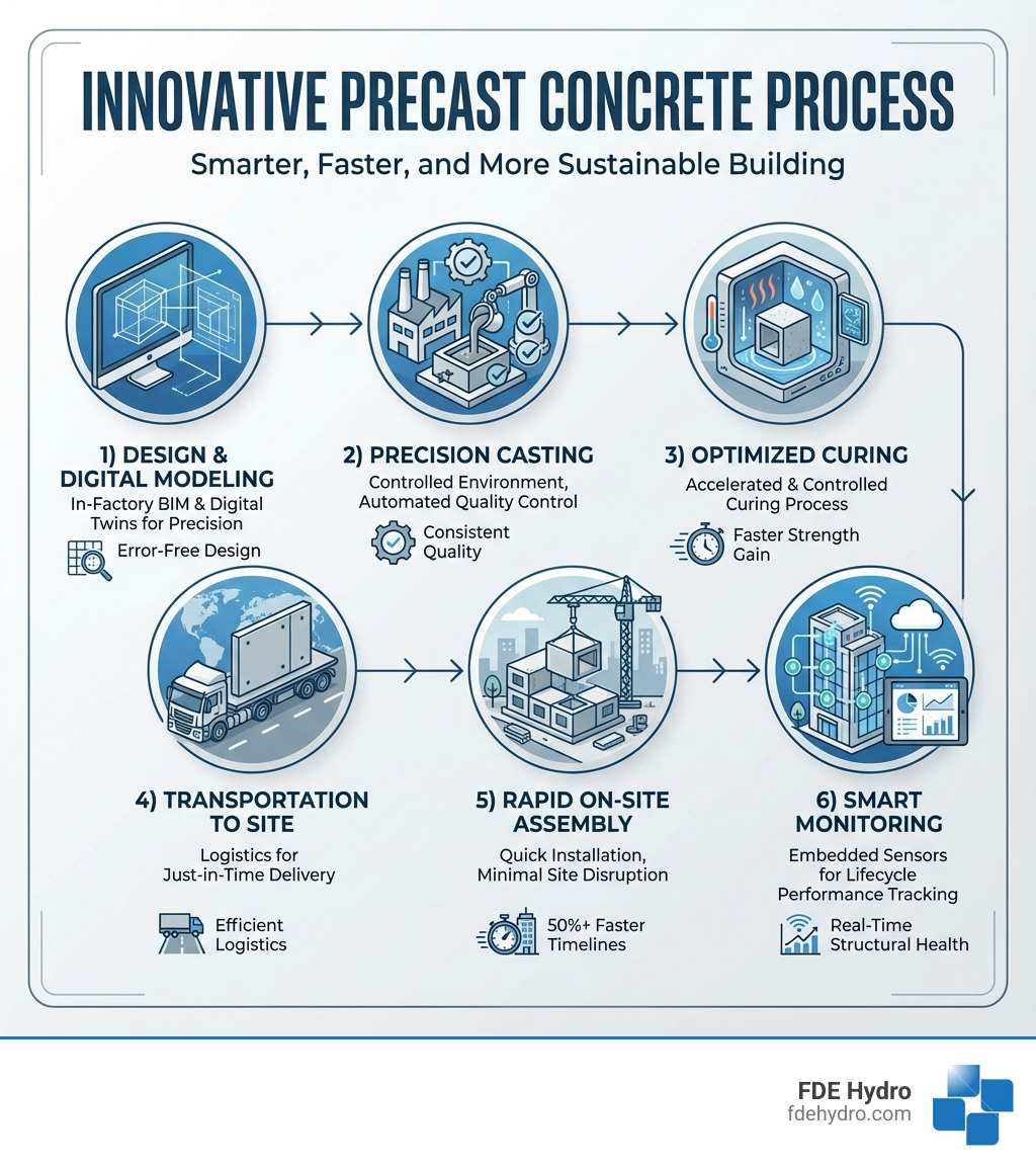 Infographic showing the precast concrete process: 1) Design and digital modeling in factory, 2) Precision casting in controlled environment with quality control, 3) Optimized curing process, 4) Transportation to site, 5) Rapid on-site assembly with minimal disruption, 6) Smart monitoring throughout lifecycle - innovative precast concrete infographic 