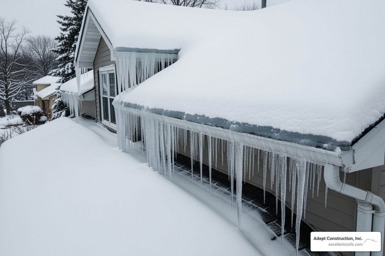 A residential roof showing significant ice damming along the eaves, with icicles hanging down and snow piled up on the roof surface. - naperville roofers