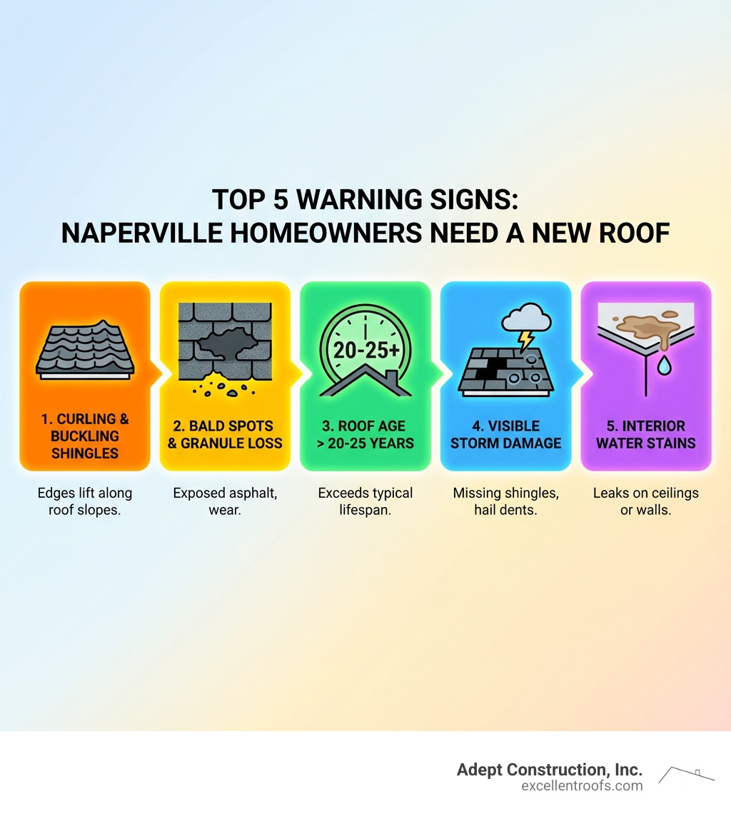 Infographic showing the top 5 warning signs a Naperville homeowner needs a new roof: 1) Curling or buckling shingles along roof slopes, 2) Bald spots where granules have worn away exposing the asphalt, 3) Roof age exceeding 20-25 years, 4) Visible storm damage including missing shingles or dents from hail, and 5) Interior water stains on ceilings or walls indicating active leaks - naperville roofers infographic 