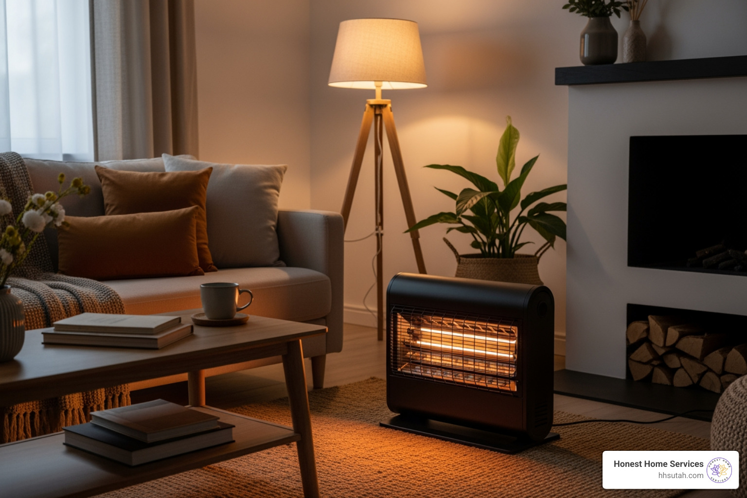 modern, safe electric space heater in a living room - emergency heating repair modern, safe electric space heater in a living room - emergency heating repair