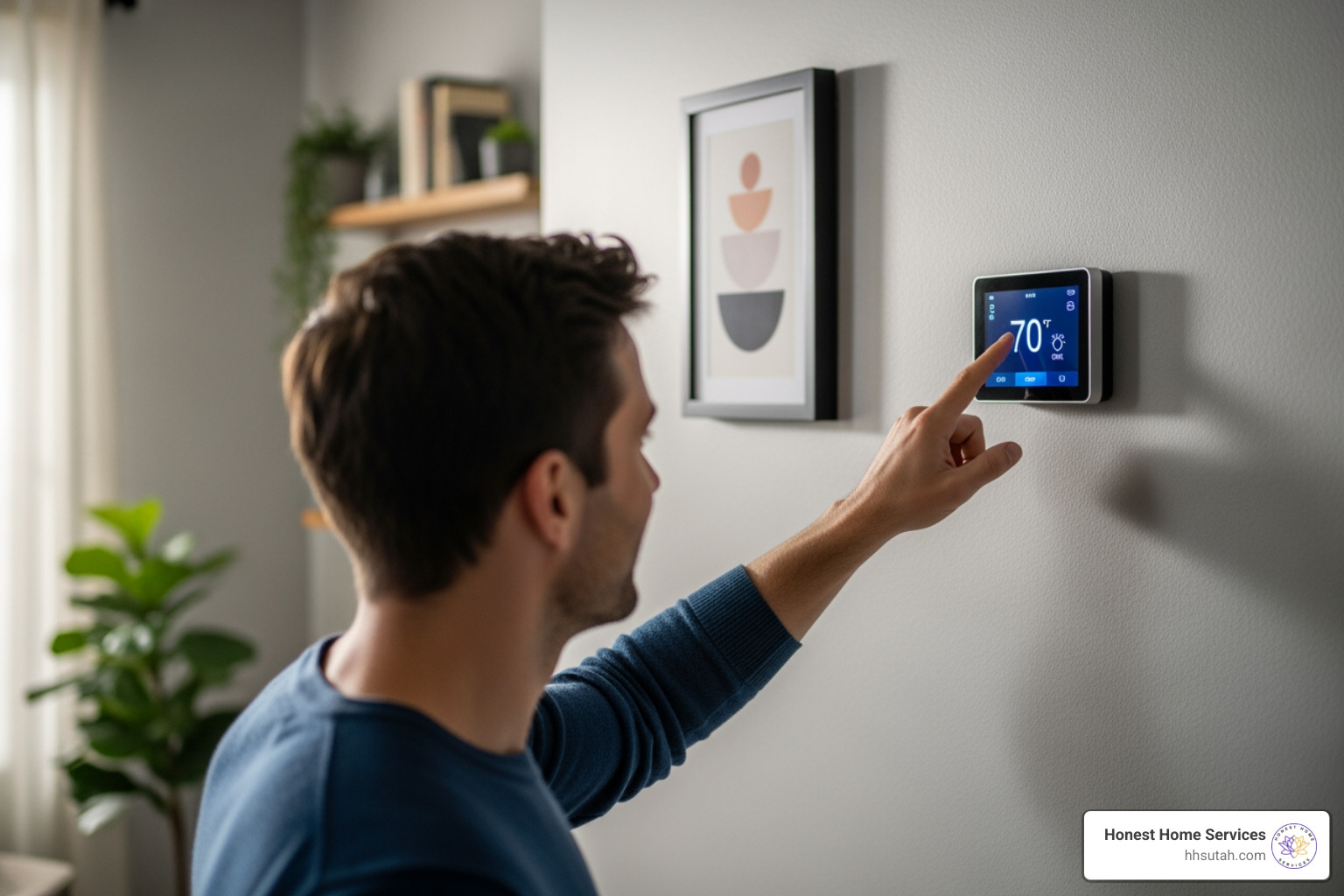 person checking a thermostat - emergency heating repair person checking a thermostat - emergency heating repair