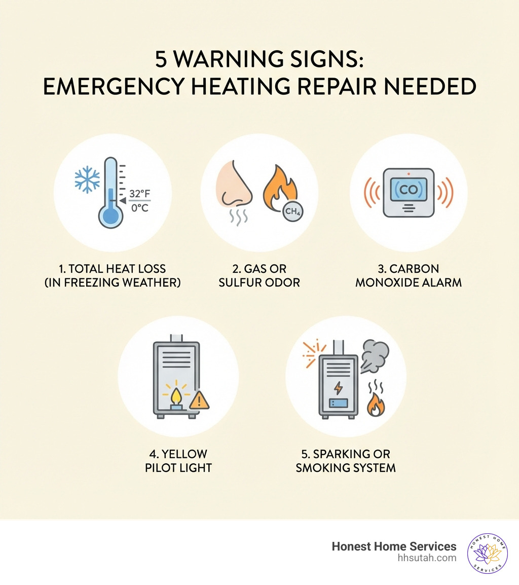 infographic showing five warning signs requiring emergency heating repair: total heat loss in freezing weather, gas or sulfur odor, carbon monoxide alarm, yellow pilot light, and sparking or smoking system - emergency heating repair infographic infographic showing five warning signs requiring emergency heating repair: total heat loss in freezing weather, gas or sulfur odor, carbon monoxide alarm, yellow pilot light, and sparking or smoking system - emergency heating repair infographic