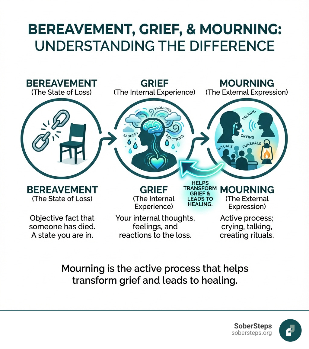 Infographic showing the difference between grief, bereavement, and mourning: Bereavement is the state of loss (the objective fact that someone has died), Grief is the internal experience (your thoughts, feelings, and reactions to the loss), and Mourning is the external expression (crying, talking about the loss, attending funerals, creating rituals). Mourning is the active process that helps transform grief and leads to healing. - Grief infographic 