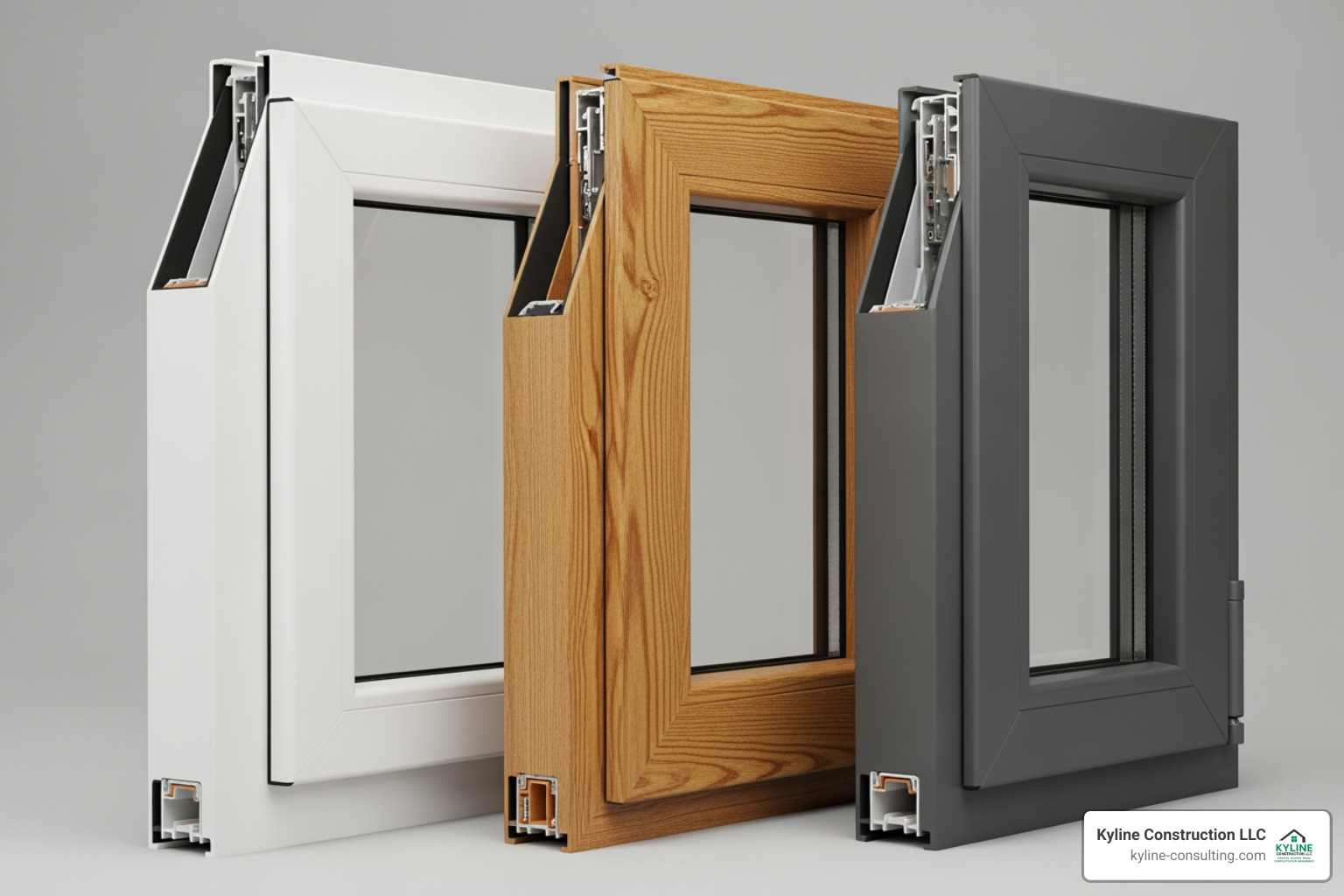 Image of different window materials like vinyl, wood, and fiberglass side-by-side - window replacement cost columbus ohio