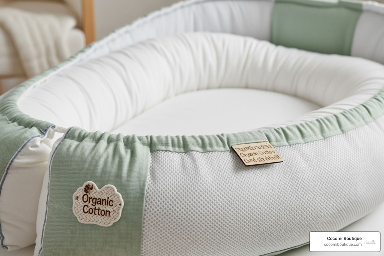 Close-up of a baby nest made with organic cotton and breathable mesh fabric - Baby nest newborn Close-up of a baby nest made with organic cotton and breathable mesh fabric - Baby nest newborn