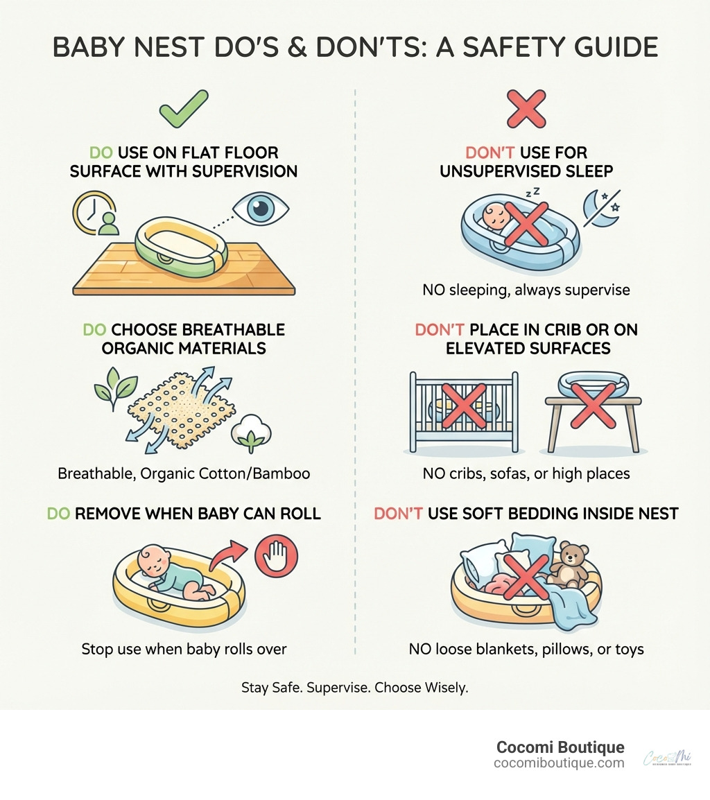Infographic showing baby nest do's and don'ts: DO use on flat floor surface with supervision, DO choose breathable organic materials, DO remove when baby can roll; DON'T use for unsupervised sleep, DON'T place in crib or on elevated surfaces, DON'T use soft bedding inside nest - Baby nest newborn infographic Infographic showing baby nest do's and don'ts: DO use on flat floor surface with supervision, DO choose breathable organic materials, DO remove when baby can roll; DON'T use for unsupervised sleep, DON'T place in crib or on elevated surfaces, DON'T use soft bedding inside nest - Baby nest newborn infographic