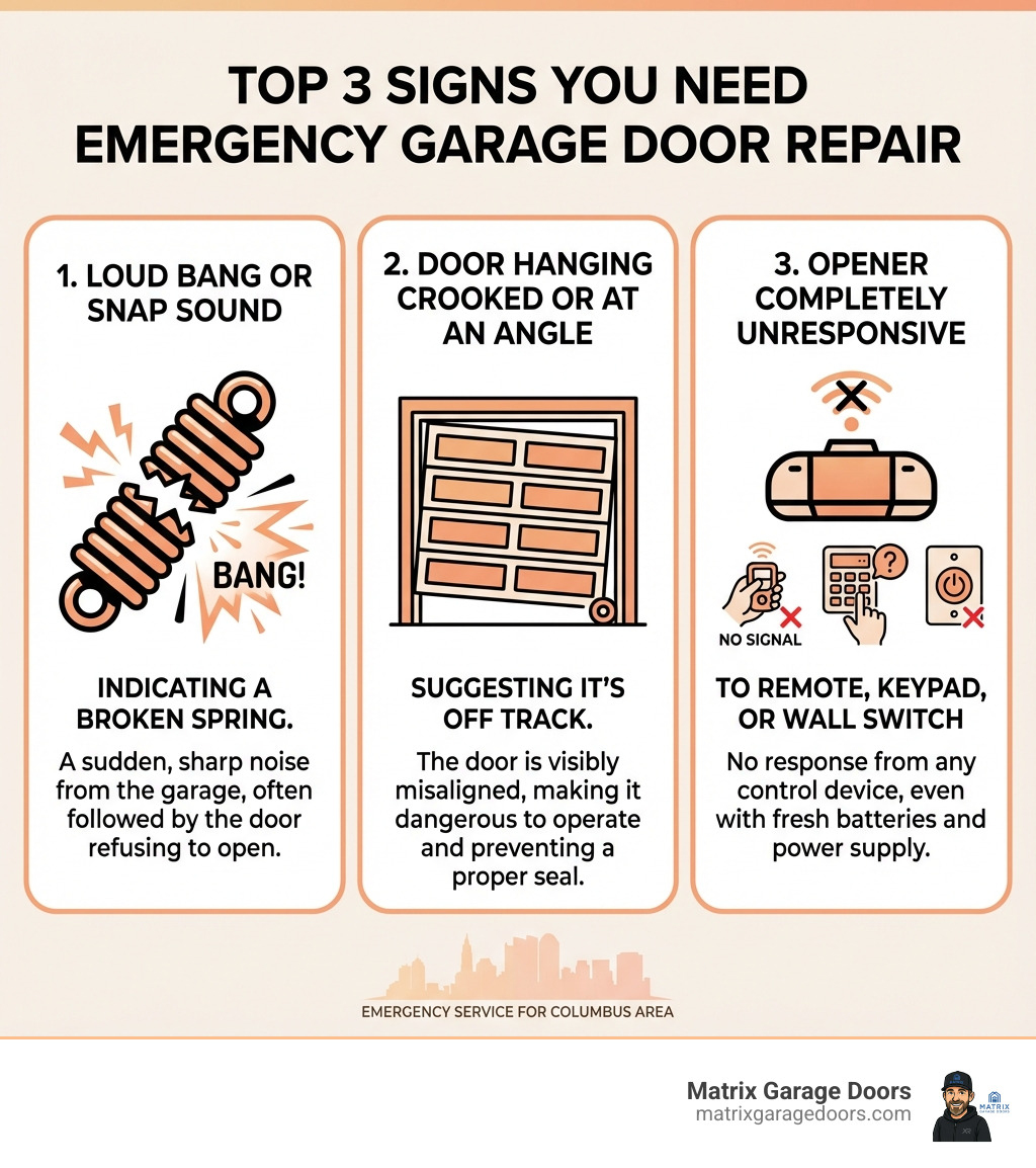 Infographic showing the top 3 signs you need emergency garage door repair: 1. Loud bang or snap sound indicating a broken spring, 2. Door hanging crooked or at an angle suggesting it's off track, 3. Opener completely unresponsive to remote, keypad, or wall switch - columbus emergency garage door repair infographic 