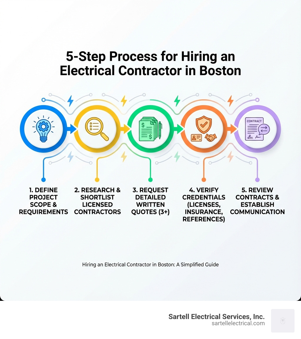 Infographic showing the 5-step process for hiring an electrical contractor in Boston: 1. Define your project scope and requirements, 2. Research and shortlist licensed contractors with relevant experience, 3. Request detailed written quotes from at least three contractors, 4. Verify credentials including licenses, insurance, and references, 5. Review contracts carefully before signing and establish clear communication protocols - electrical contractors boston infographic 