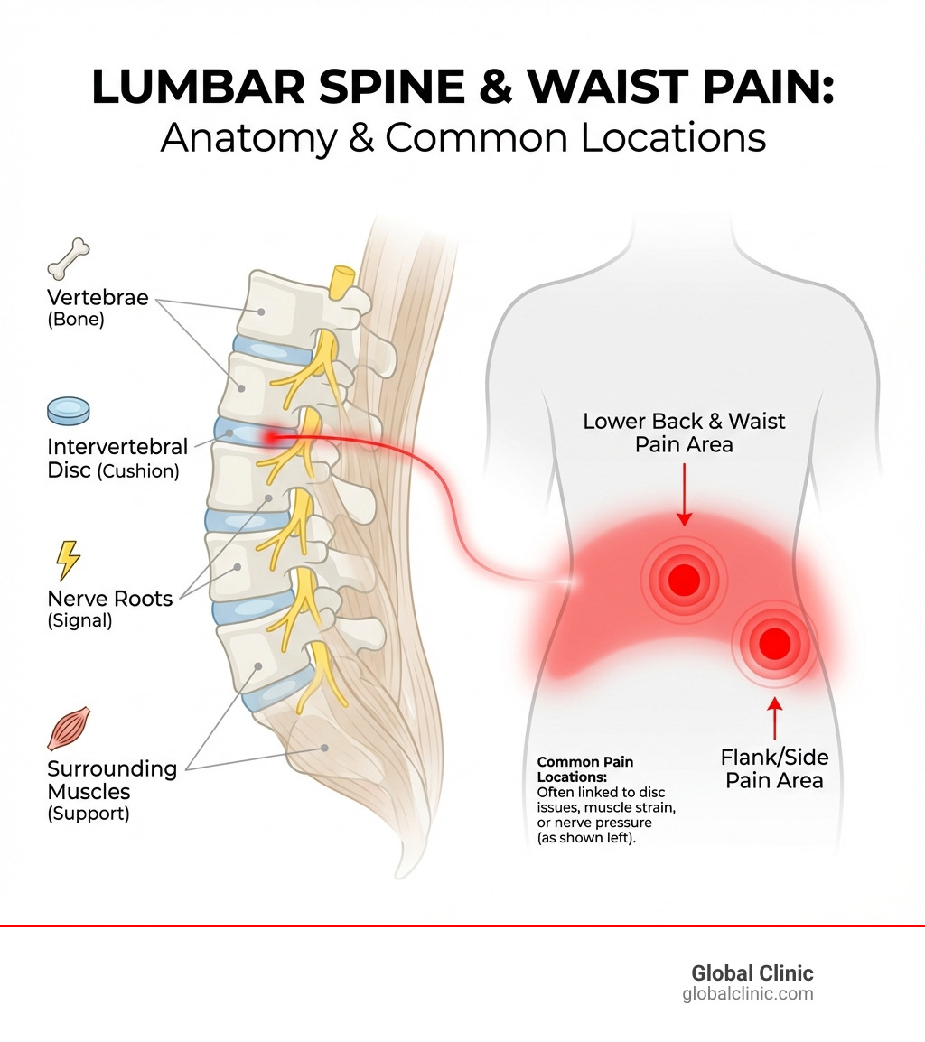 infographic showing the lumbar spine anatomy with vertebrae, discs, nerve roots, and surrounding muscles labeled, plus common pain locations highlighted in the lower back and waist area - back waist pain infographic 