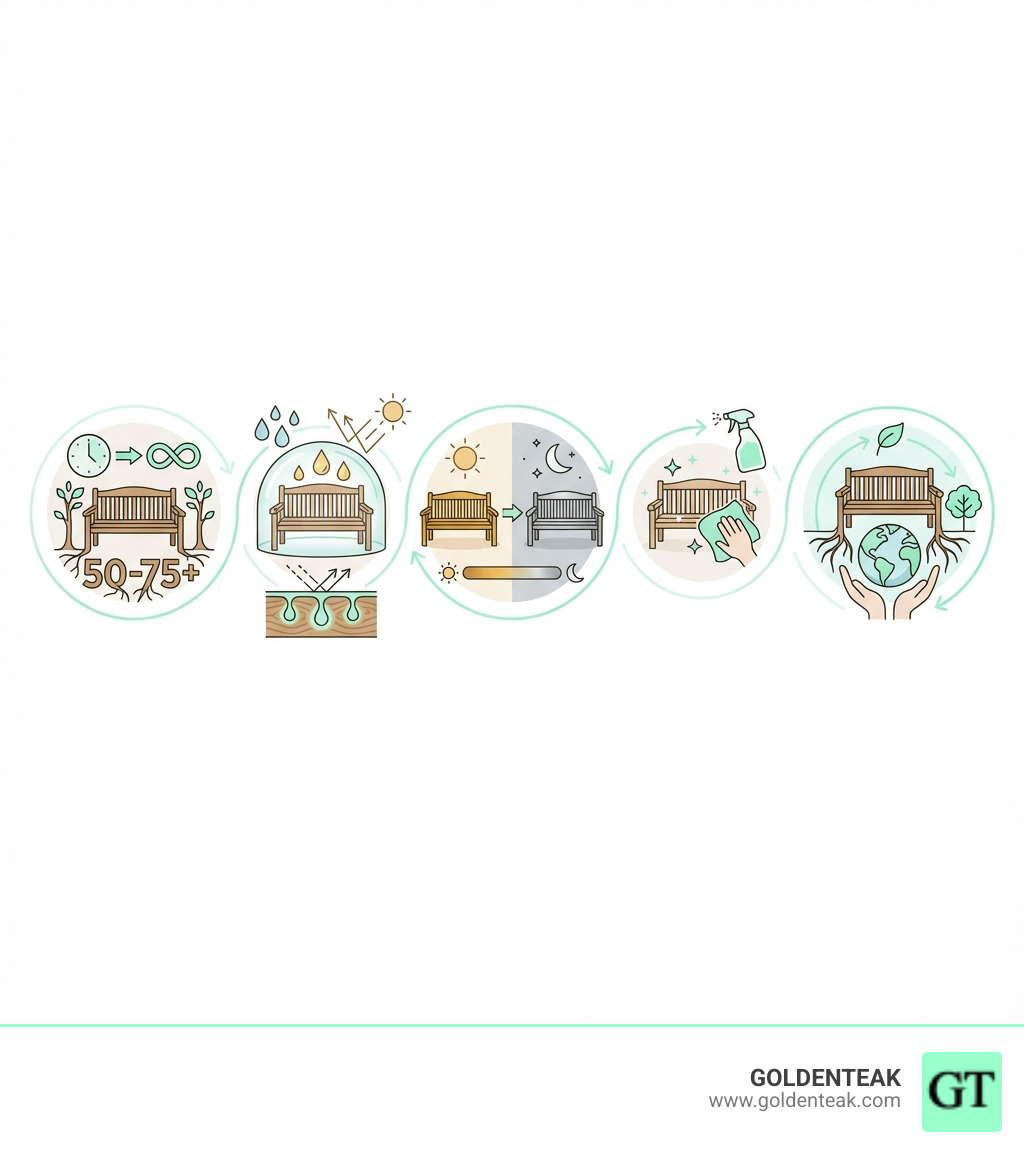 infographic showing the top 5 benefits of teak wood benches: 1. Exceptional 50-75+ year lifespan, 2. Natural weather resistance from teak oils, 3. Beautiful honey color that ages to elegant silver-gray, 4. Minimal maintenance required - just occasional cleaning, 5. Sustainable when responsibly sourced - outdoor wood benches infographic 