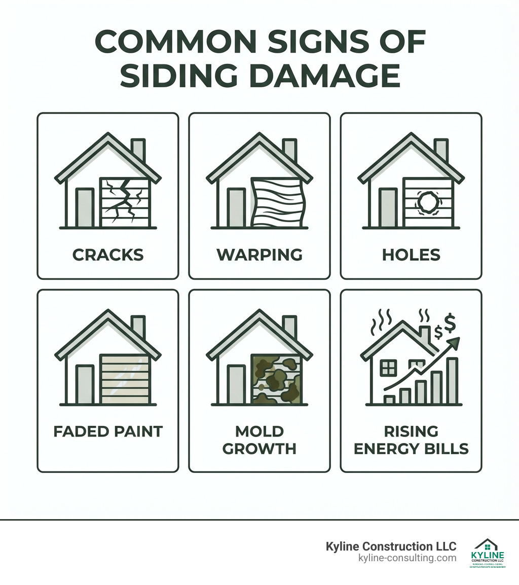 infographic showing common signs of siding damage including cracks, warping, holes, faded paint, mold growth, and rising energy bills with simple illustrations of each issue - Siding repair in Central Ohio infographic 