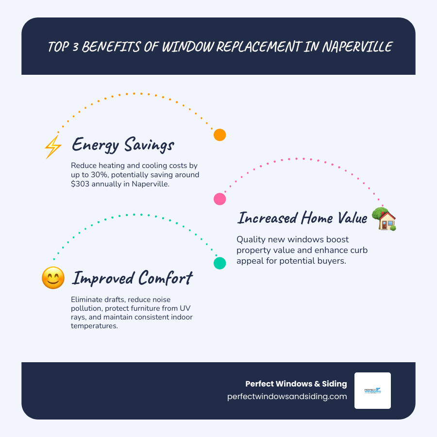 Infographic showing the top 3 benefits of window replacement: 1) Energy Savings - reduce heating and cooling costs by up to 30% and save around $303 annually in Naperville, 2) Increased Home Value - quality windows boost property value and appeal to buyers, 3) Improved Comfort - eliminate drafts, reduce noise pollution, protect furniture from UV rays, and maintain consistent indoor temperatures year-round - window replacement naperville il infographic infographic-line-3-steps-blues-accent_colors