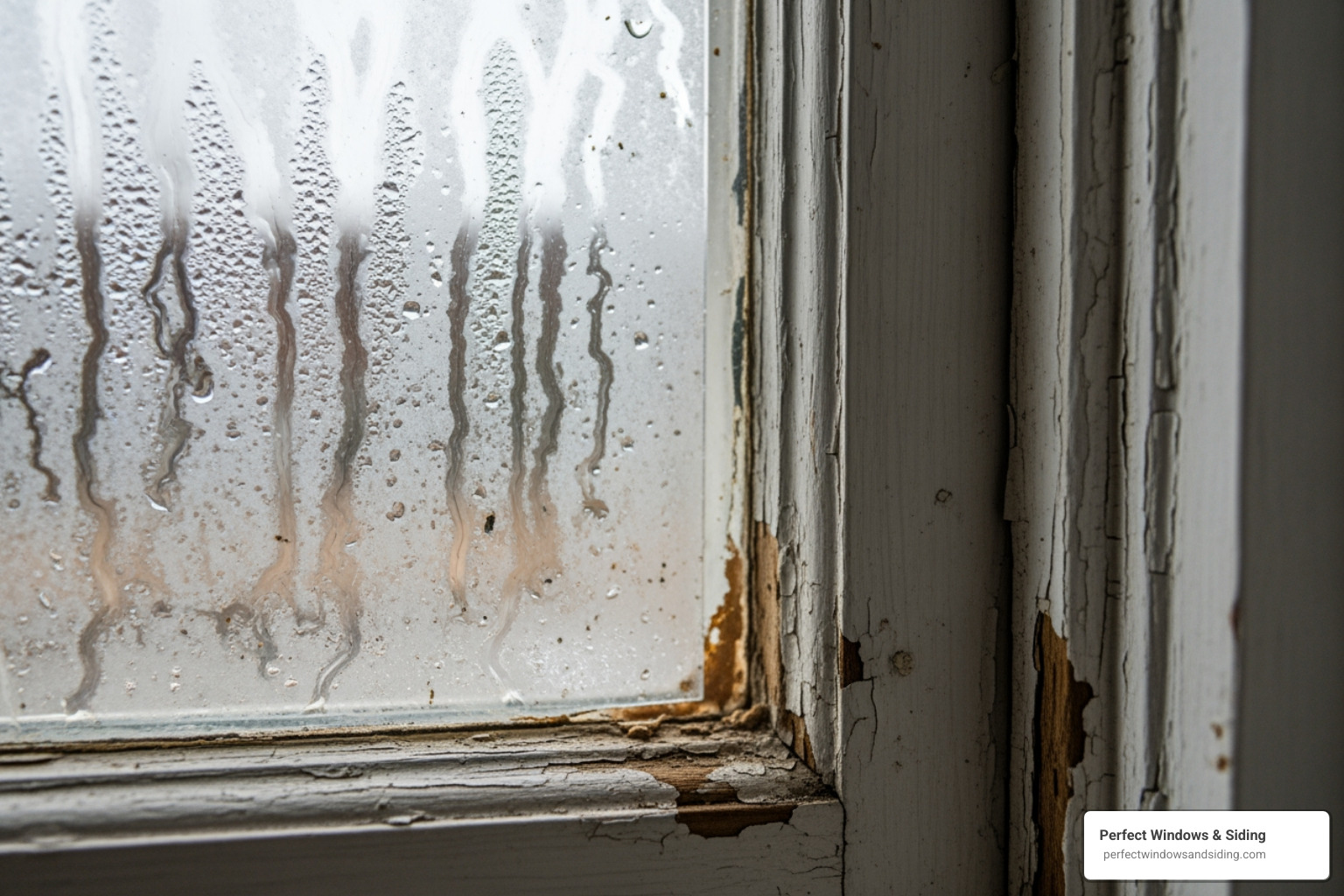 A close-up image of a drafty window with visible condensation between the panes, indicating seal failure and poor insulation. - window replacement naperville il