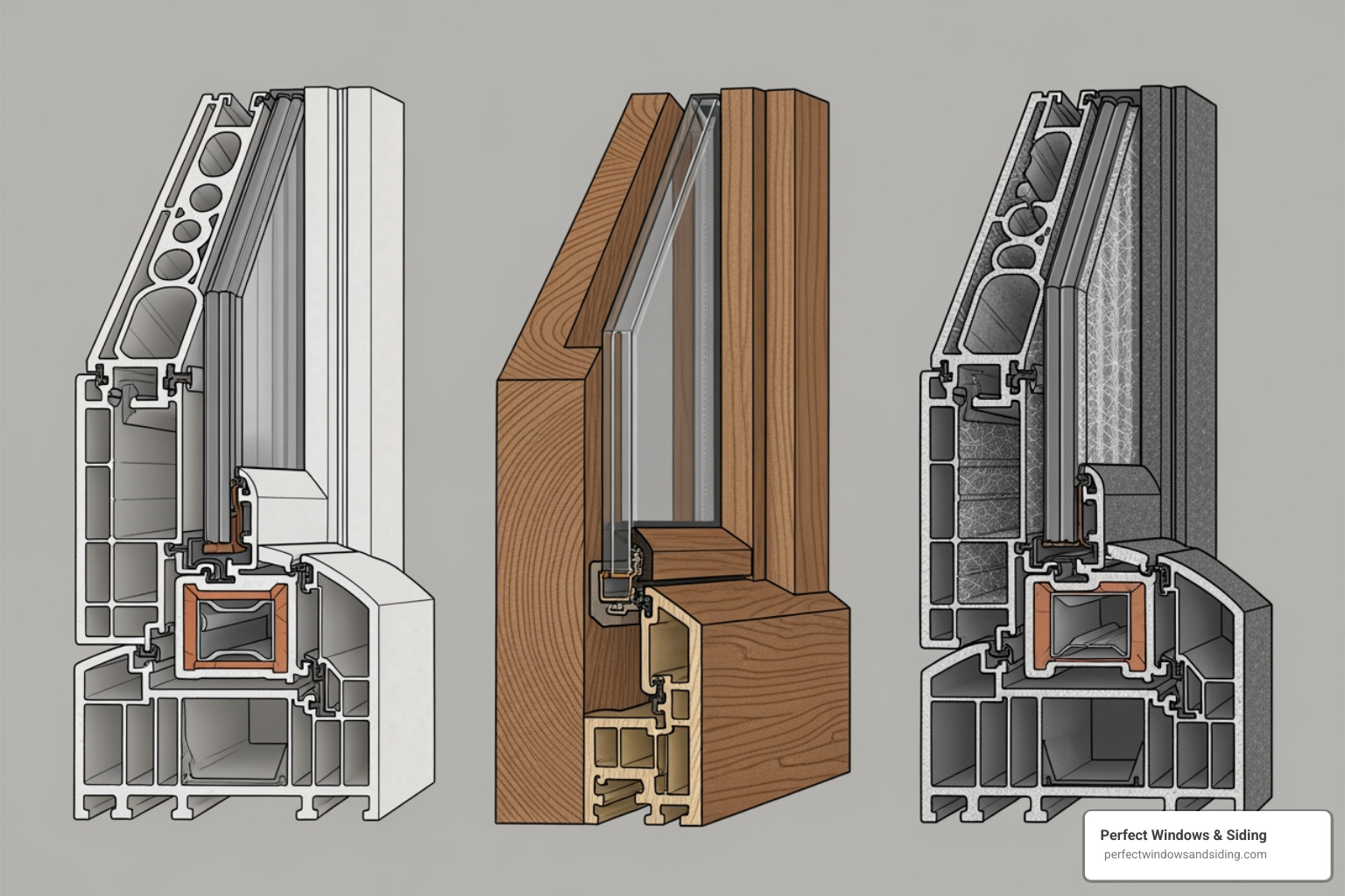 Cross-sections of vinyl, wood, and fiberglass window frames, illustrating their internal structures and material composition. - window replacement naperville il