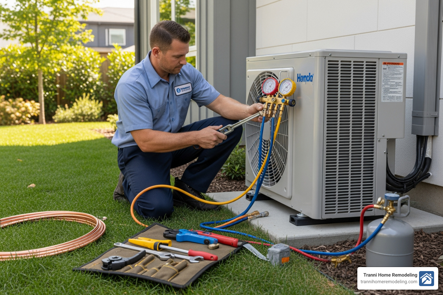 HVAC technician connecting refrigerant lines between indoor and outdoor units - Ductless AC Installation