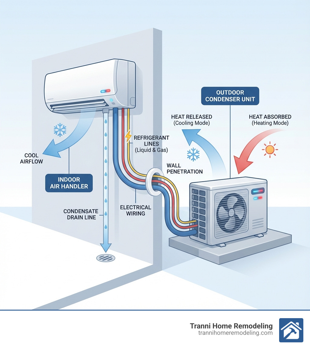 Detailed infographic showing the main components of a ductless mini-split system including the outdoor condenser unit, indoor air handler mounted on wall, refrigerant lines running between them, electrical wiring connections, condensate drain line, and arrows indicating heat transfer process - Ductless AC Installation infographic 