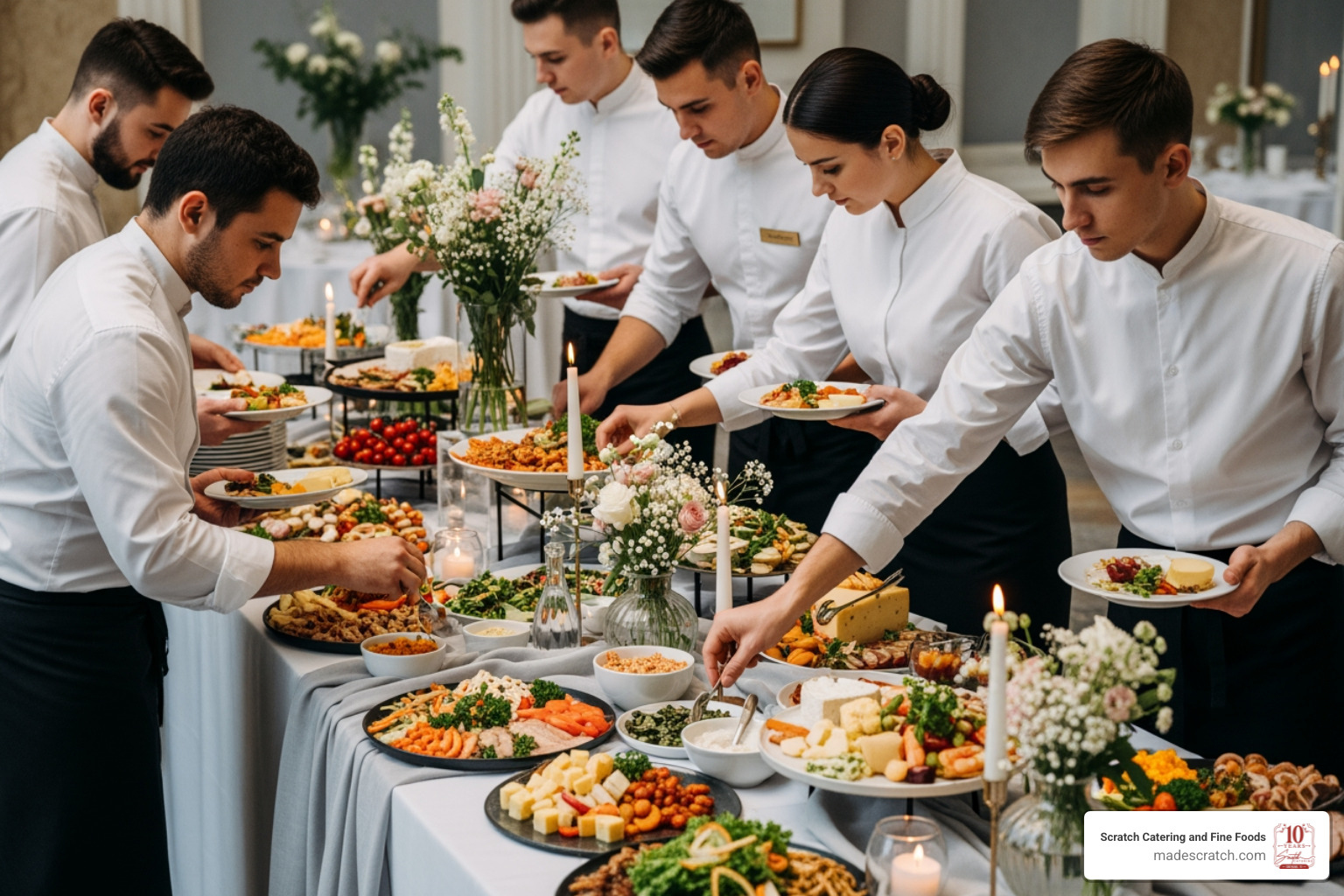 A professional catering team setting up an elegant buffet display with fresh ingredients and decorative elements - awesome catering dfw
