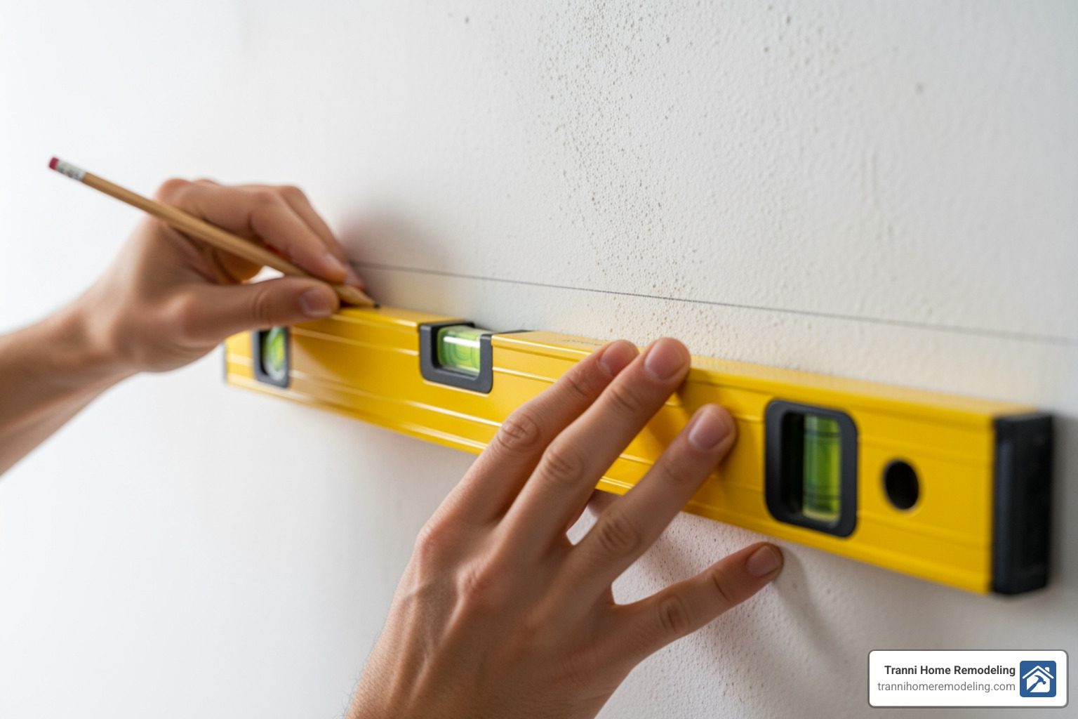 a person using a level to draw a guideline on a kitchen wall - Kitchen cabinet installation a person using a level to draw a guideline on a kitchen wall - Kitchen cabinet installation