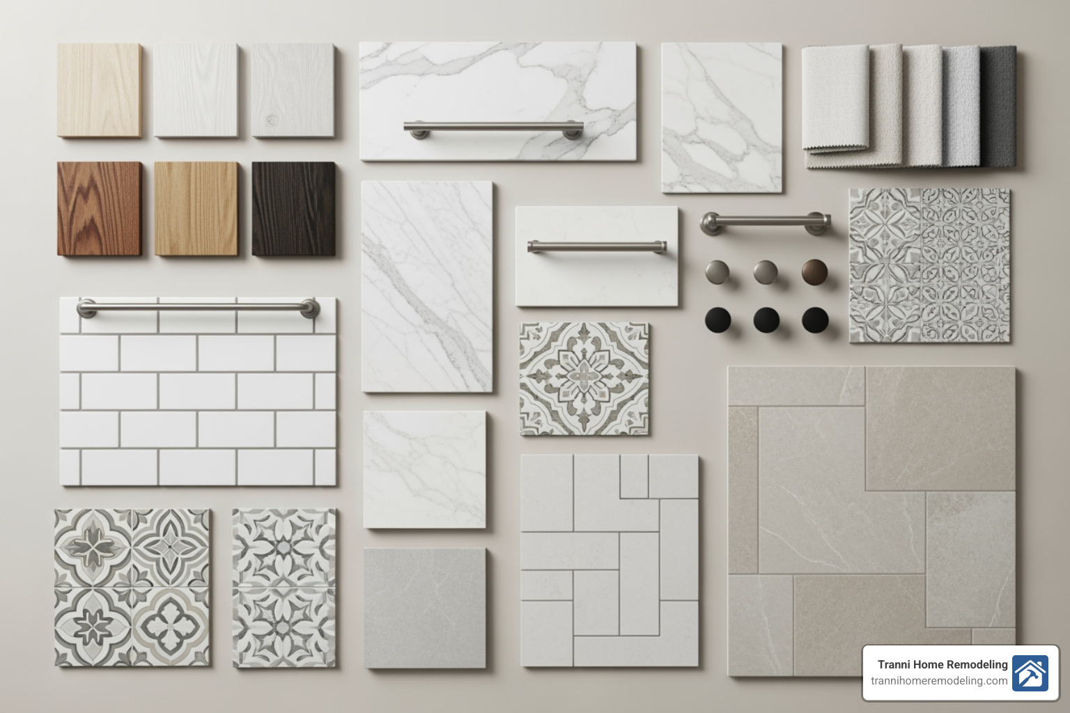 A design mood board showing cohesive materials like countertops, tiles, and hardware for both a kitchen and bathroom - kitchen and bathroom remodeling A design mood board showing cohesive materials like countertops, tiles, and hardware for both a kitchen and bathroom - kitchen and bathroom remodeling
