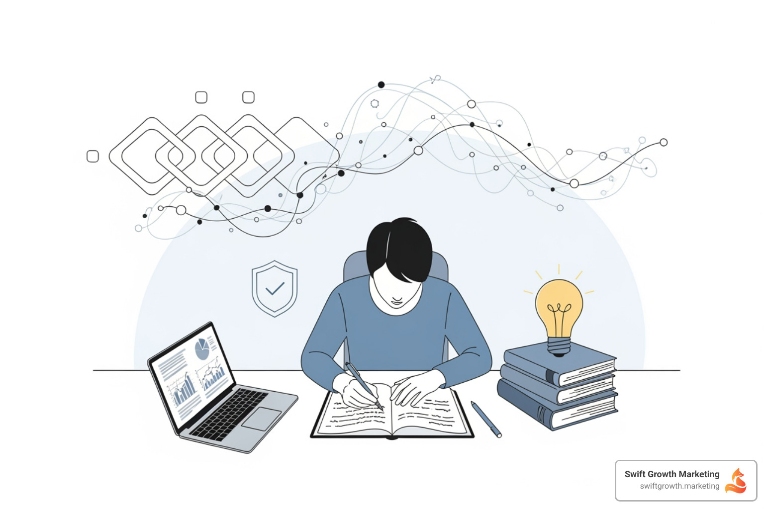 Infographic showing the complete process of authoritative content creation: start with foundational research including audience pain points and keyword analysis, move to content creation with original research and expert citations, demonstrate E-E-A-T through author credentials and case studies, measure success with organic visibility and backlink metrics, and maintain authority through regular updates and fresh insights - authoritative content creation