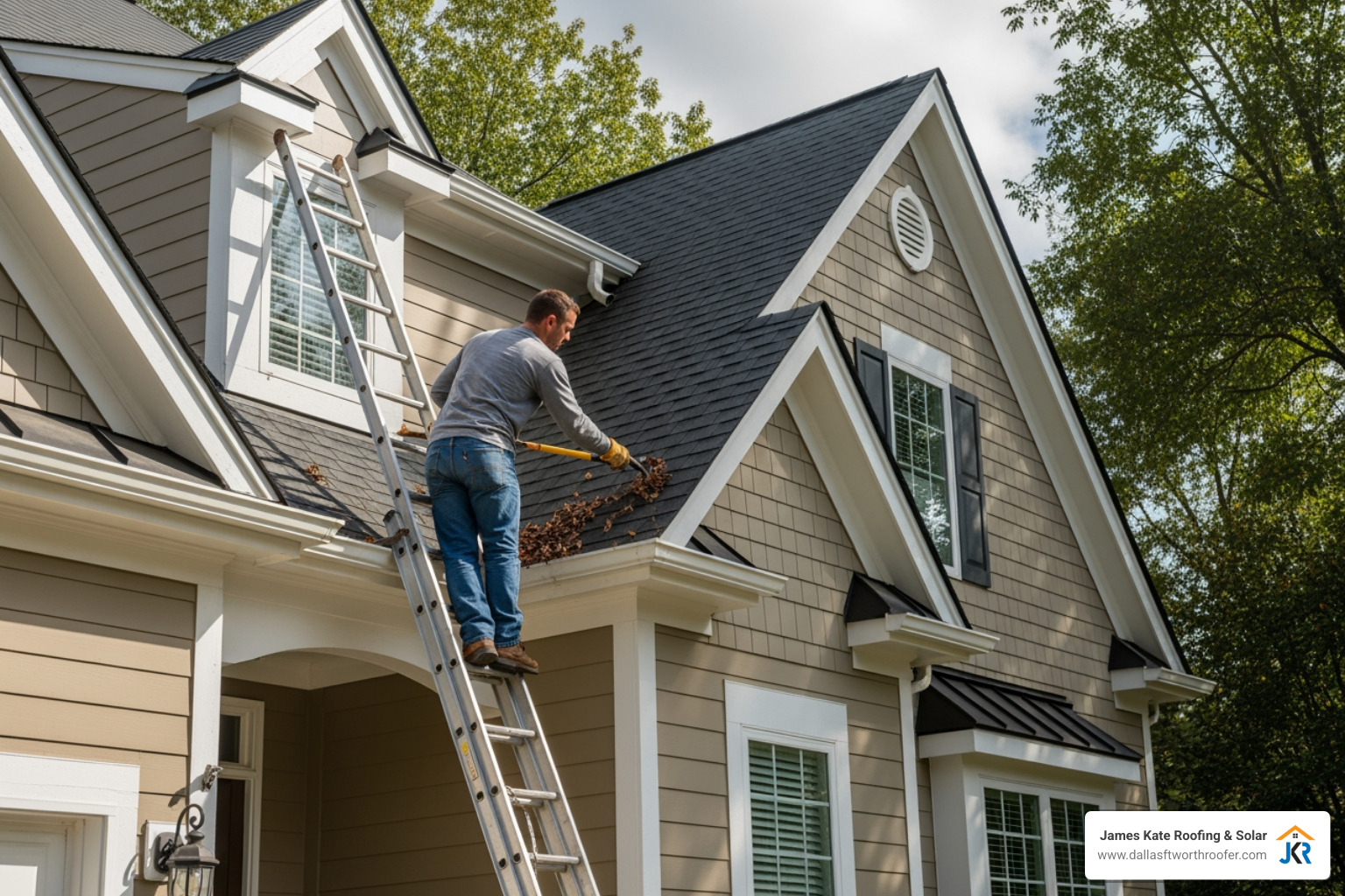 James Kate Roofing cleaning leaves from a gutter - roof maintenance James Kate Roofing cleaning leaves from a gutter - roof maintenance