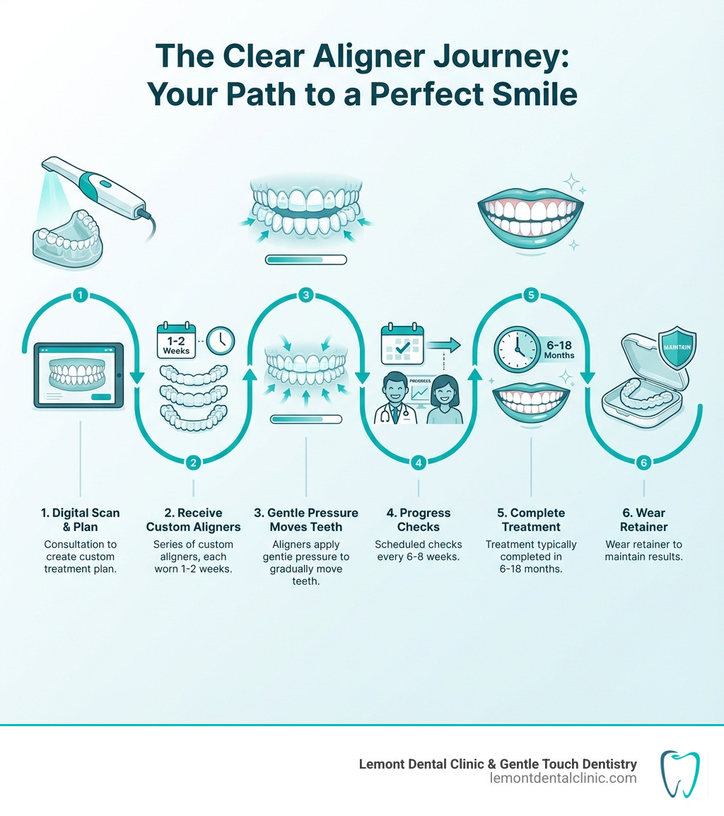 Infographic showing the clear aligner process: Step 1 - Digital scan and consultation to create custom treatment plan; Step 2 - Receive series of custom aligners, each worn 1-2 weeks; Step 3 - Aligners apply gentle pressure to gradually move teeth; Step 4 - Progress checks every 6-8 weeks; Step 5 - Complete treatment in 6-18 months; Step 6 - Wear retainer to maintain results - clear teeth aligners infographic 