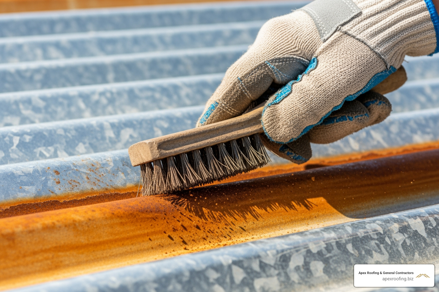 hand with wire brush cleaning a rusted area on a metal roof panel - how to repair metal roof leaks