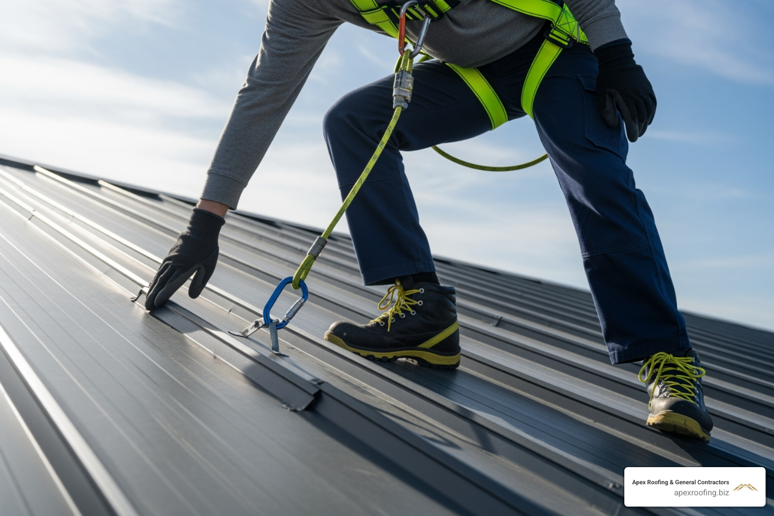 person wearing safety harness, gloves, and non-slip shoes on a roof - how to repair metal roof leaks