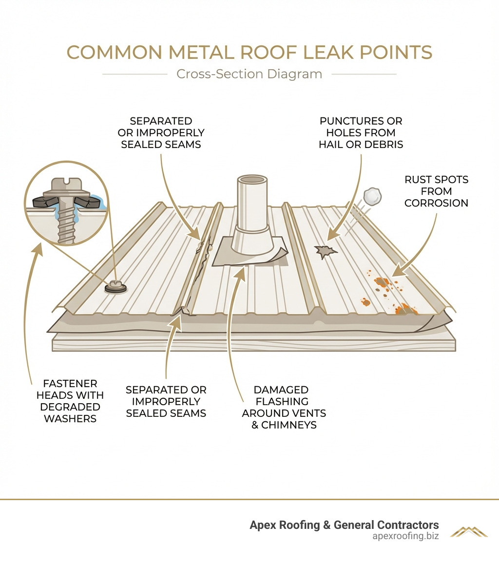 infographic showing common metal roof leak points including fastener heads with degraded washers, separated or improperly sealed seams, damaged flashing around vents and chimneys, punctures or holes in panels from hail or debris, and rust spots from corrosion with arrows pointing to each problem area on a cross-section diagram of a metal roof - how to repair metal roof leaks infographic 