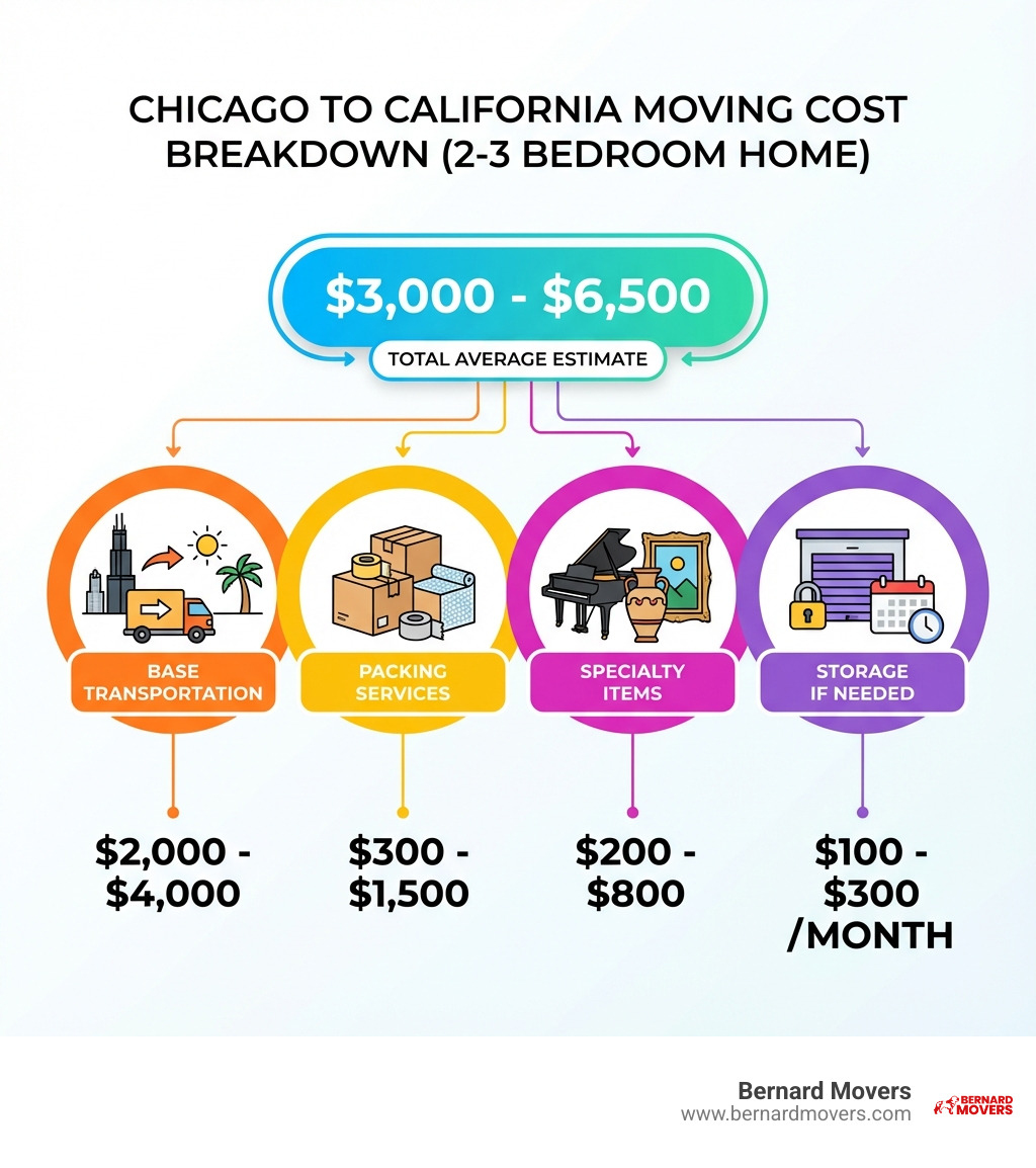 Infographic showing cost breakdown for Chicago to California moves: base transportation ($2,000-$4,000), packing services ($300-$1,500), specialty items ($200-$800), storage if needed ($100-$300/month), with total average ranging from $3,000-$6,500 for a 2-3 bedroom home - cost of moving from chicago to california infographic 
