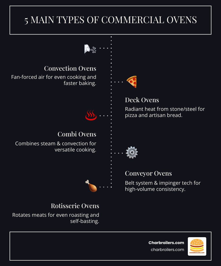Infographic showing the 5 main types of commercial ovens: Convection ovens use fan-forced air for even cooking and faster baking; Deck ovens provide radiant heat from stone or steel surfaces ideal for pizza and artisan bread; Combi ovens combine steam and convection functions for versatile roasting, steaming and baking; Conveyor ovens use belt systems with impinger technology for high-volume consistent output; Rotisserie ovens rotate meats on spits for even roasting with self-basting and visual appeal - commercial ovens infographic infographic-line-5-steps-dark