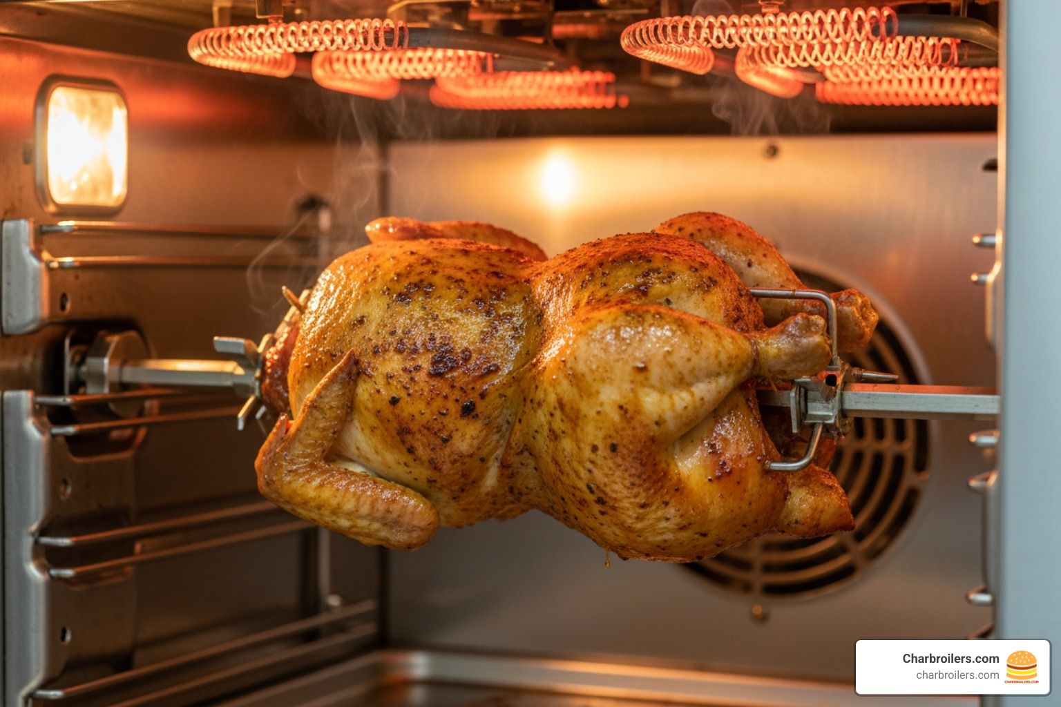 A golden-brown rotisserie chicken rotates in an oven. - commercial ovens