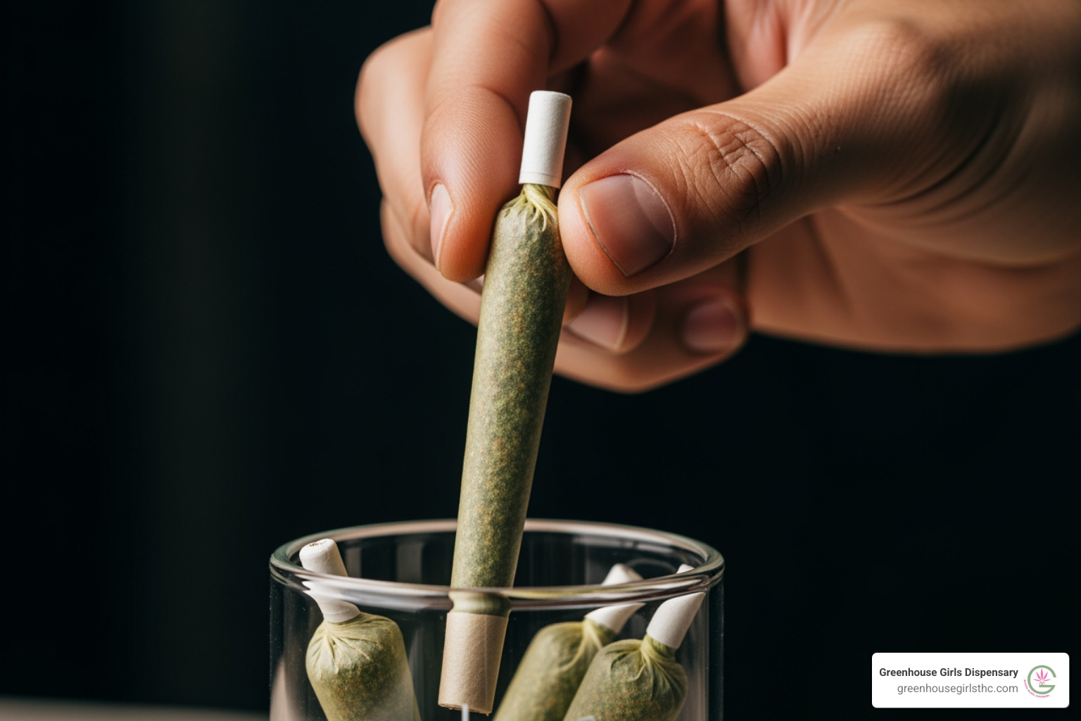 A hand holding a CBD hemp preroll, gently placing it into a small, airtight glass jar with a dark background to emphasize proper storage - cbd hemp preroll