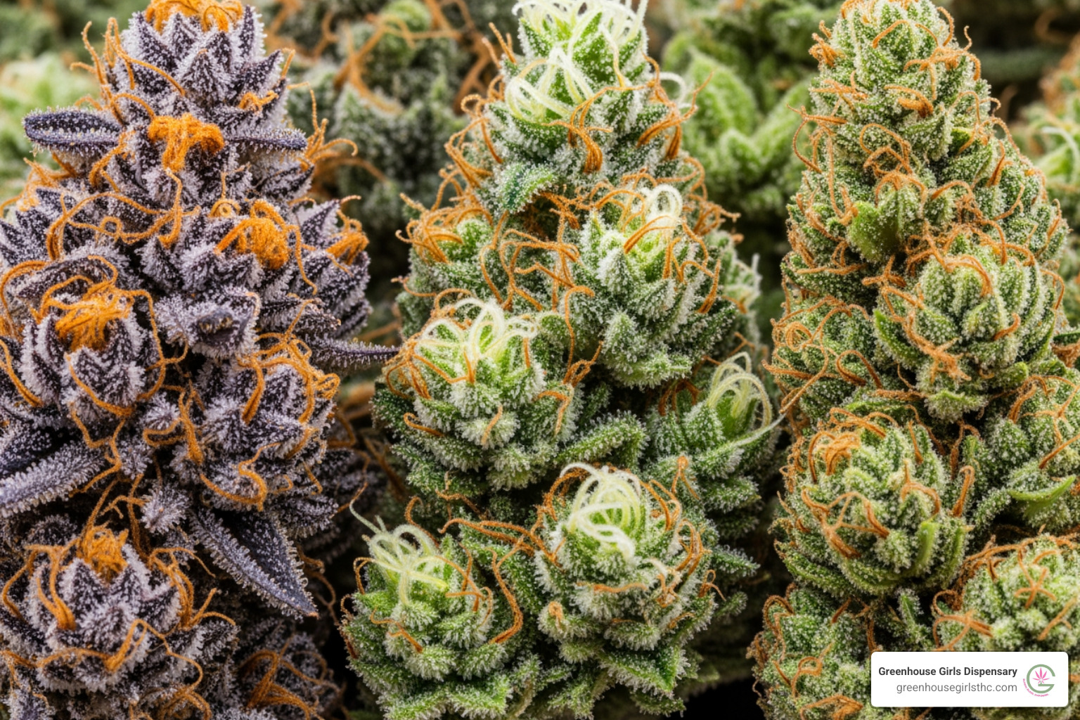 A close-up image of various hemp flower strains, each with distinct colors and textures, labeled with their names and terpene profiles - cbd hemp preroll