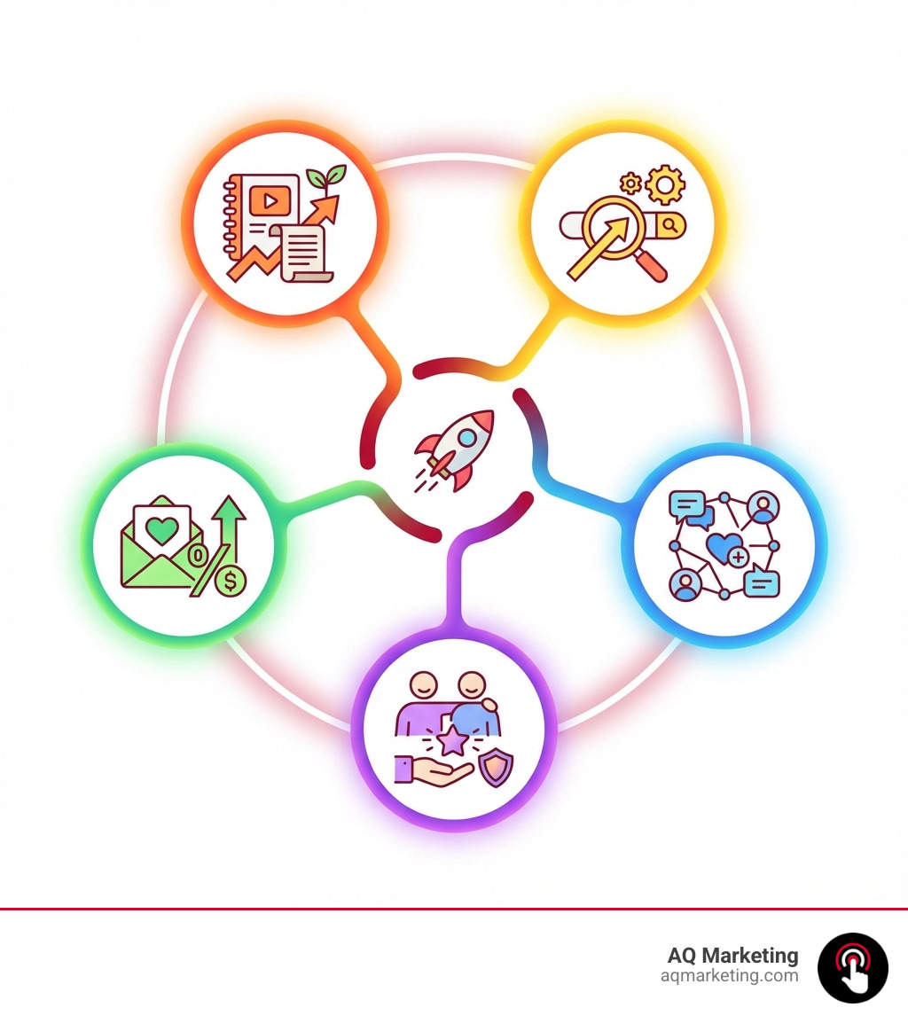 Infographic showing the five essential affordable marketing channels for startups: Content Marketing (builds authority and drives organic traffic through blogs, videos, and guides), SEO (increases visibility in search results with keyword optimization and technical improvements), Social Media (engages audiences authentically on platforms where they already spend time), Email Marketing (nurtures relationships with personalized messages delivering up to 4,200% ROI), and Referral Marketing (leverages customer trust with 92% of consumers trusting recommendations from acquaintances) - affordable startup marketing infographic Infographic showing the five essential affordable marketing channels for startups: Content Marketing (builds authority and drives organic traffic through blogs, videos, and guides), SEO (increases visibility in search results with keyword optimization and technical improvements), Social Media (engages audiences authentically on platforms where they already spend time), Email Marketing (nurtures relationships with personalized messages delivering up to 4,200% ROI), and Referral Marketing (leverages customer trust with 92% of consumers trusting recommendations from acquaintances) - affordable startup marketing infographic