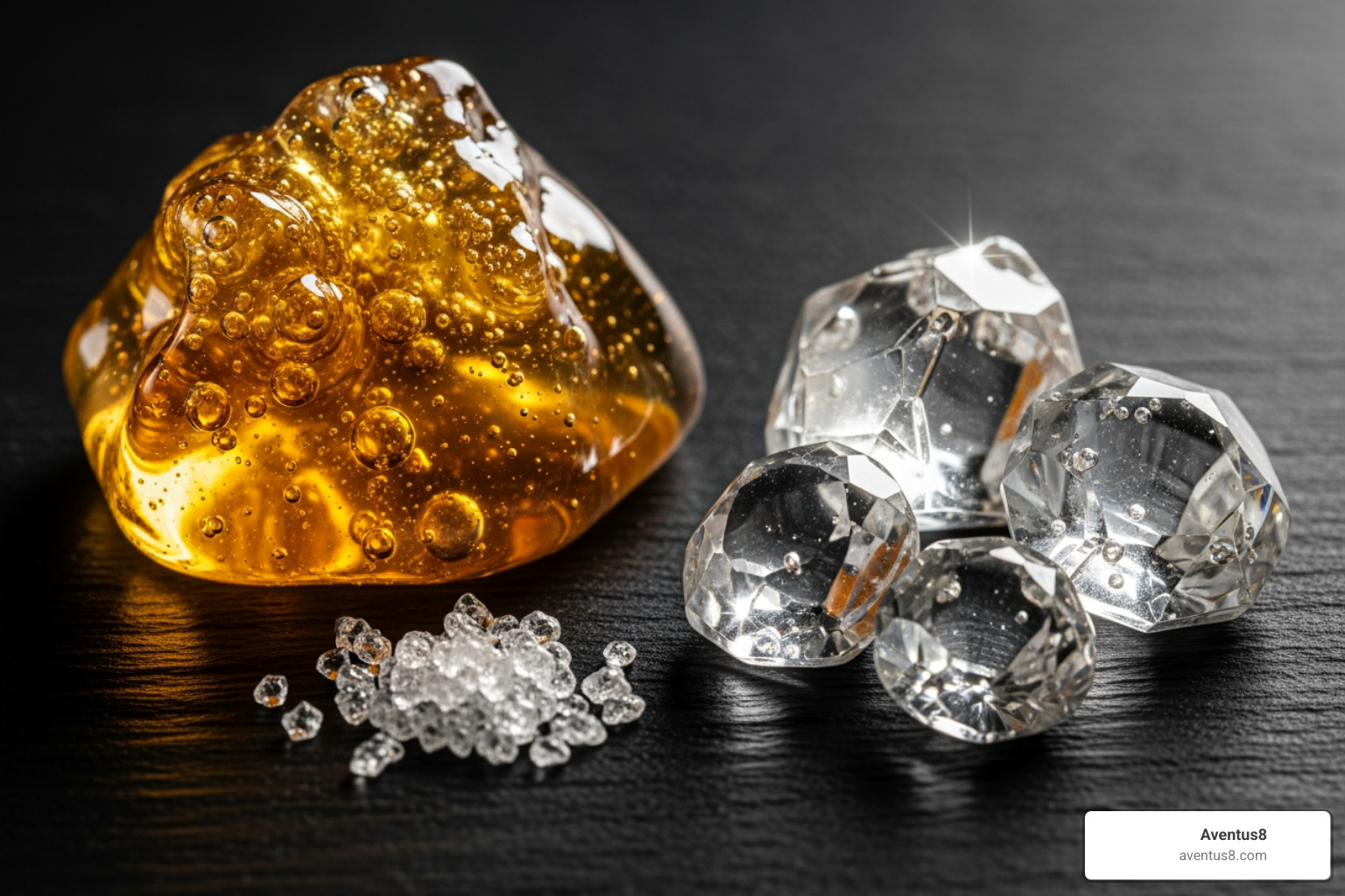 different cannabis extracts like golden distillate and crystalline liquid diamonds - strongest THC disposable vape