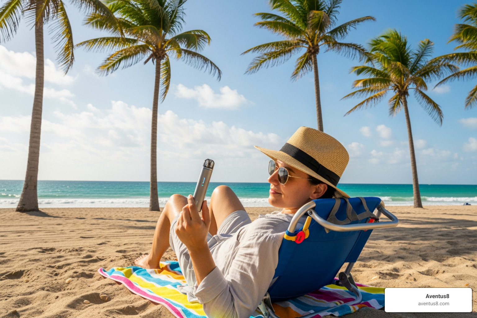 person relaxing with vape pen on Hollywood Beach - strongest THC disposable vape