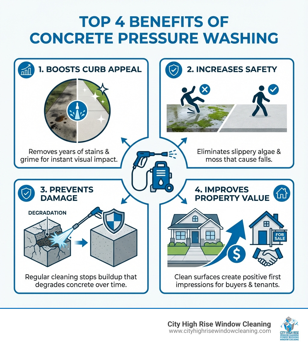 Infographic showing the top 4 benefits of concrete pressure washing: 1. Boosts Curb Appeal - Removes years of stains and grime for instant visual impact, 2. Increases Safety - Eliminates slippery algae and moss that cause falls, 3. Prevents Damage - Regular cleaning stops buildup that degrades concrete over time, 4. Improves Property Value - Clean surfaces create positive first impressions for buyers and tenants - concrete pressure washing near me infographic Infographic showing the top 4 benefits of concrete pressure washing: 1. Boosts Curb Appeal - Removes years of stains and grime for instant visual impact, 2. Increases Safety - Eliminates slippery algae and moss that cause falls, 3. Prevents Damage - Regular cleaning stops buildup that degrades concrete over time, 4. Improves Property Value - Clean surfaces create positive first impressions for buyers and tenants - concrete pressure washing near me infographic