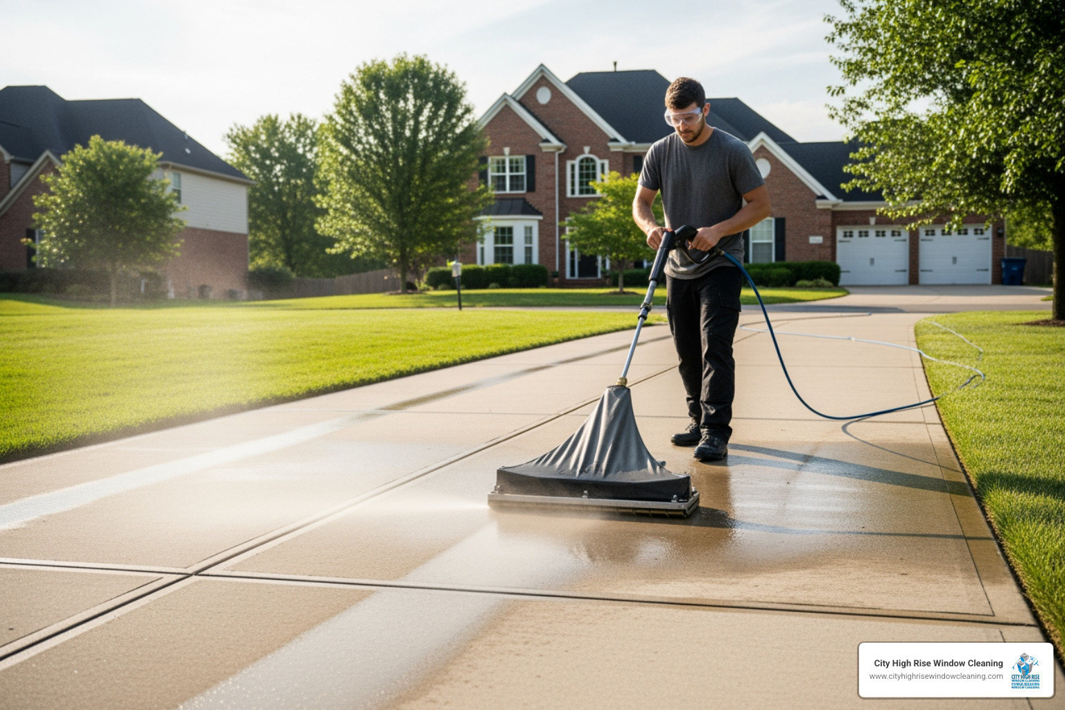 A professional pressure washing a long residential driveway with a surface cleaner attachment - concrete pressure washing near me A professional pressure washing a long residential driveway with a surface cleaner attachment - concrete pressure washing near me