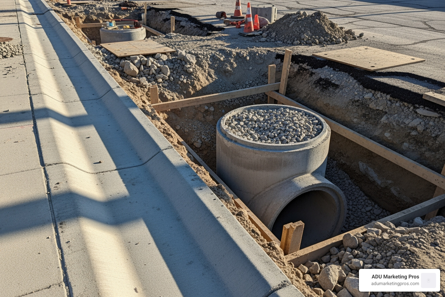 Street construction site with callouts for curb, gutter, and sewer access - city of la standard plans