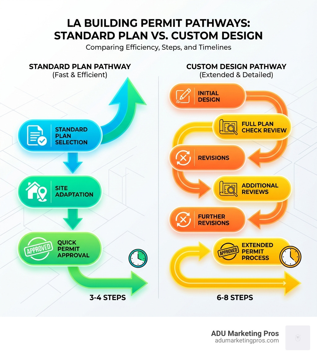 Infographic showing two pathways: Standard Plan pathway shows Standard Plan Selection, Site Adaptation, and Quick Permit Approval in 3-4 steps. Custom Design pathway shows Initial Design, Full Plan Check Review, Revisions, and Extended Permit Process in 6-8 steps with longer timeline arrows - city of la standard plans infographic 