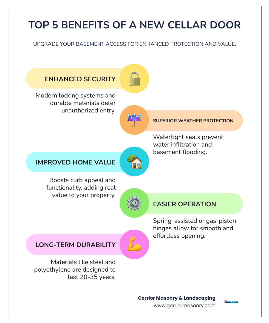 Infographic showing the top 5 benefits of basement cellar door replacement: 1. Enhanced Security with modern locking systems and durable materials, 2. Superior Weather Protection preventing water infiltration and basement flooding, 3. Improved Home Value with better curb appeal and functionality, 4. Easier Operation with spring-assisted or gas-piston hinges, 5. Long-term Durability with materials designed to last 20-35 years - basement cellar door replacement infographic infographic-line-5-steps-colors